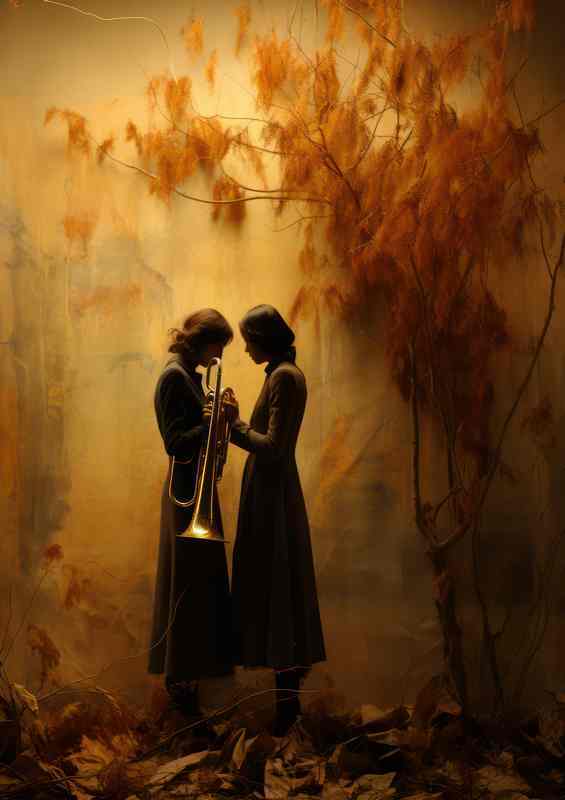The shadows of two woman playing the trumpet