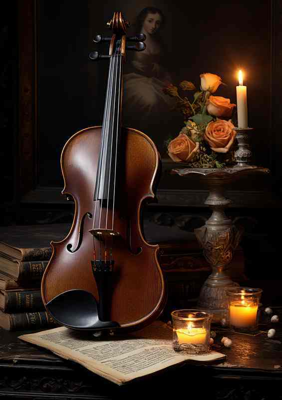 The violin and the music sheet with candle ornament