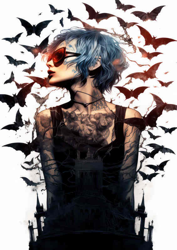 Woman with bats flying in the air