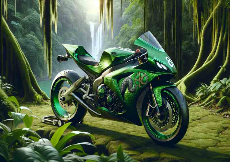 Green Snake Racing Motorcycle In The Jungle