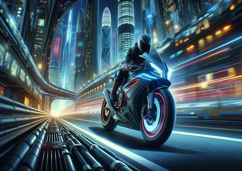 Superbike Zooming Past a Futuristic Cityscape