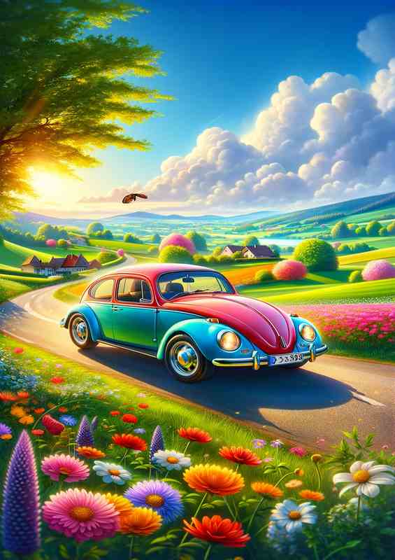 Charming Beetle Car in Vibrant Countryside