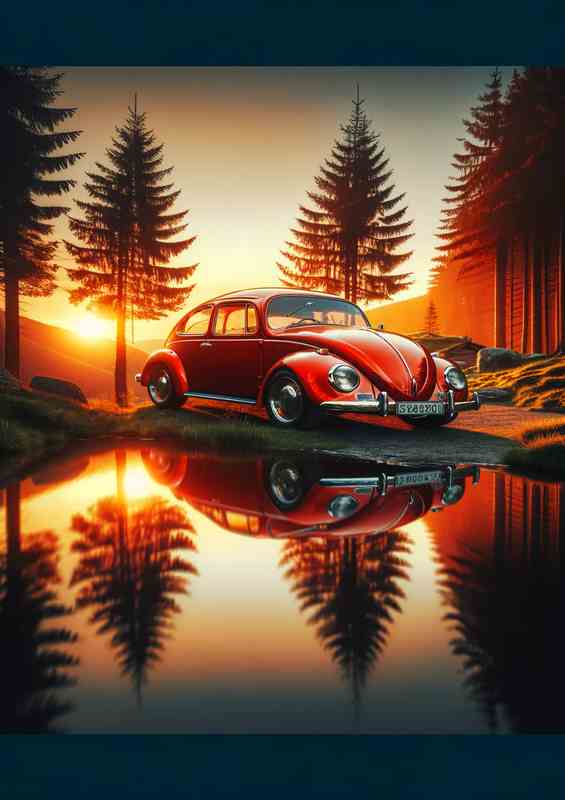 Iconic Red Beetle Car Sunset Reflection