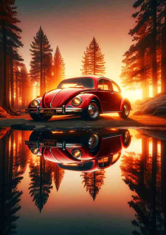 Red Beetle Car Sunset Reflection