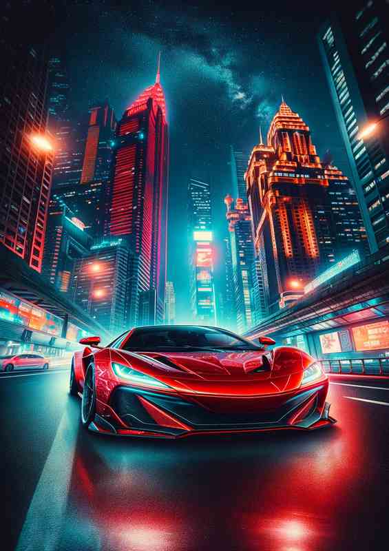 Red Supercar in Dazzling Night Cityscape