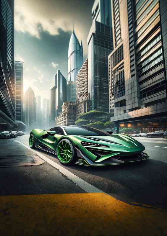 Sleek Green Supercar in Urban Landscape