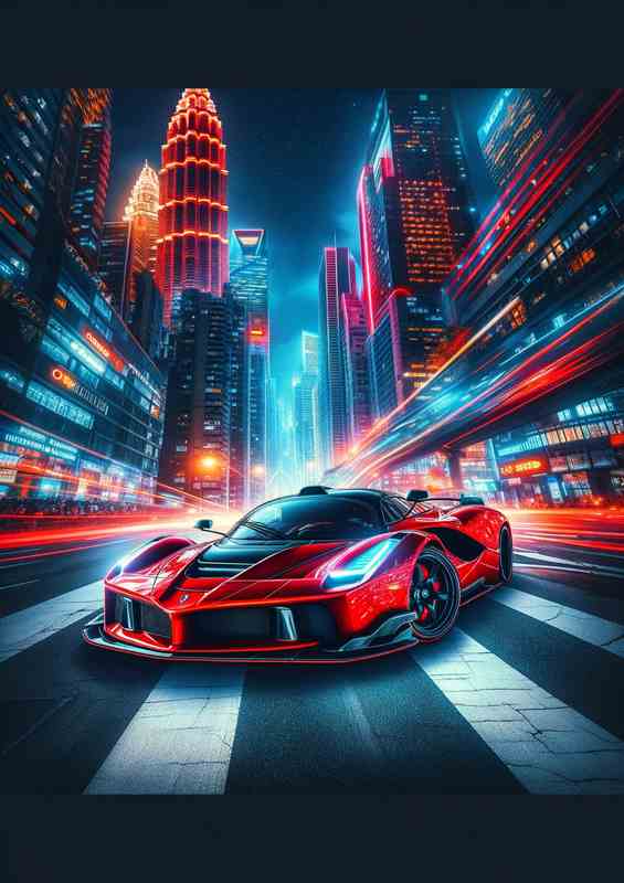 Supercar in Dazzling Night Cityscape