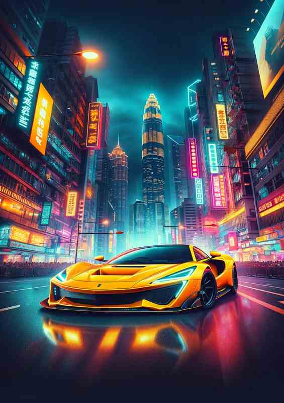 Vibrant Yellow Supercar in Metropolitan Night Scene