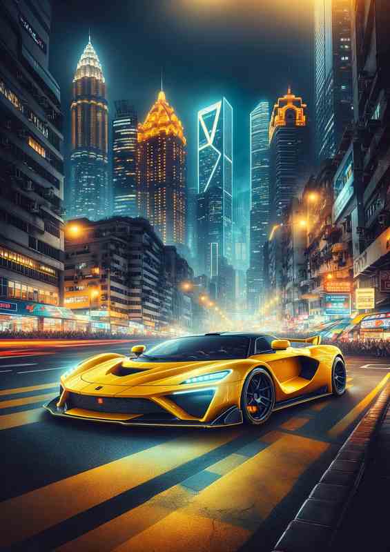 Yellow Supercar in Metropolitan Night Scene