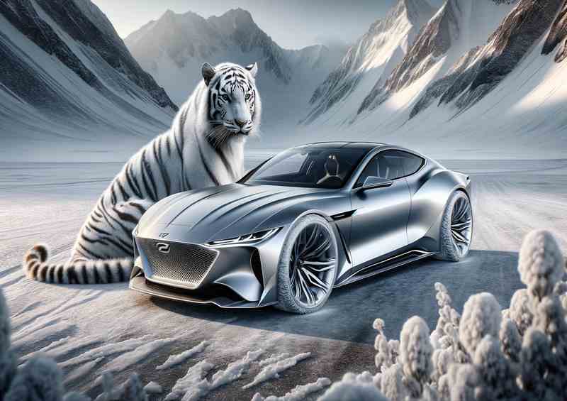 Majestic White Tiger Essence Sleek Silver Car Metal Poster