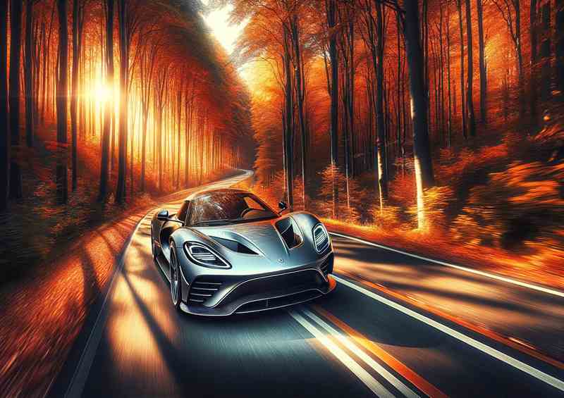 Sports Car Racing through Autumn Forest and setting sun