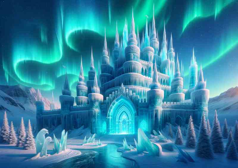 Frozen Citadel majestically under the aurora borealis