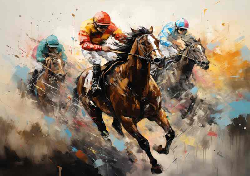 Abstract art of horse races with racing jockeys