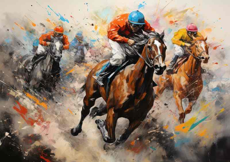 Abstract horse jockeys out to win painted style
