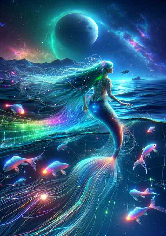 A cybernetic mermaid navigating through a digital ocean