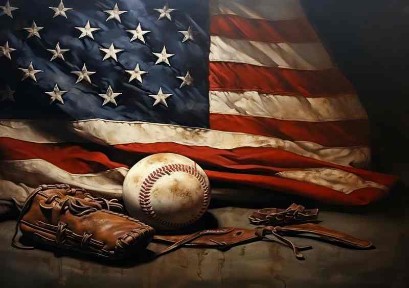 American flag with a baseball and a glove