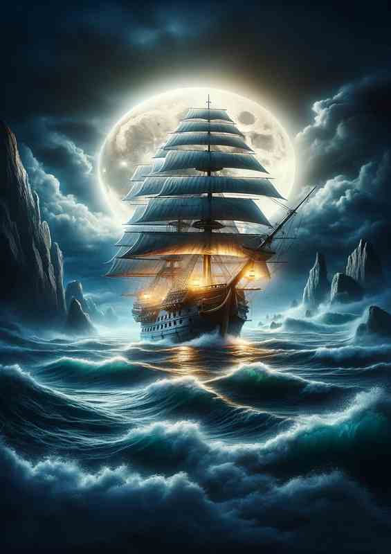 Galleon Moonlit Voyage through Stormy Seas