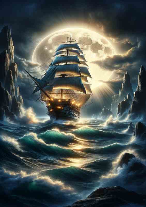 Galleon Moonlit Voyage Metal Poster