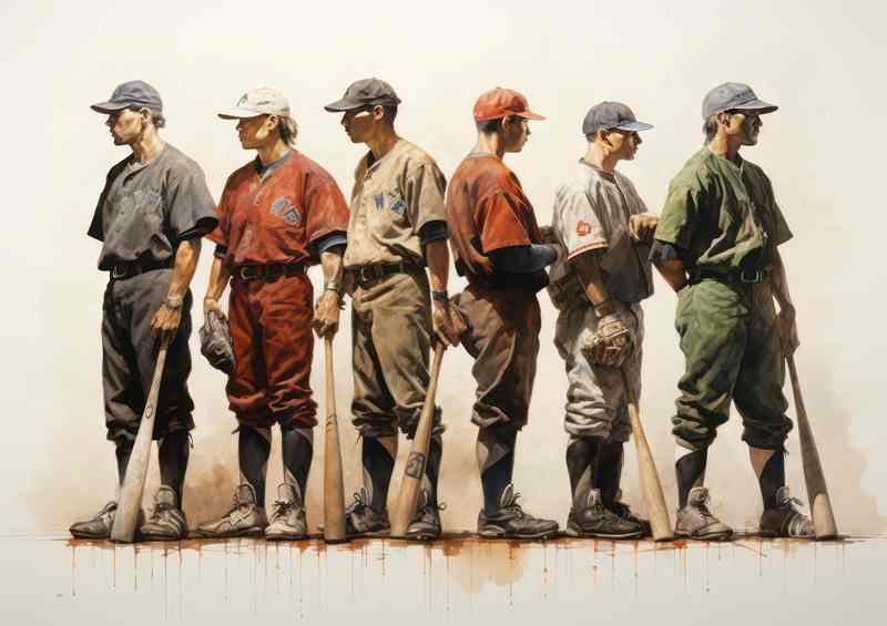 Baseball players lined up to pitch painted style
