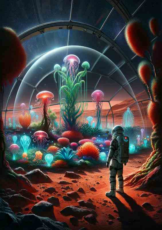 A lone astronaut discovering a garden on Mars
