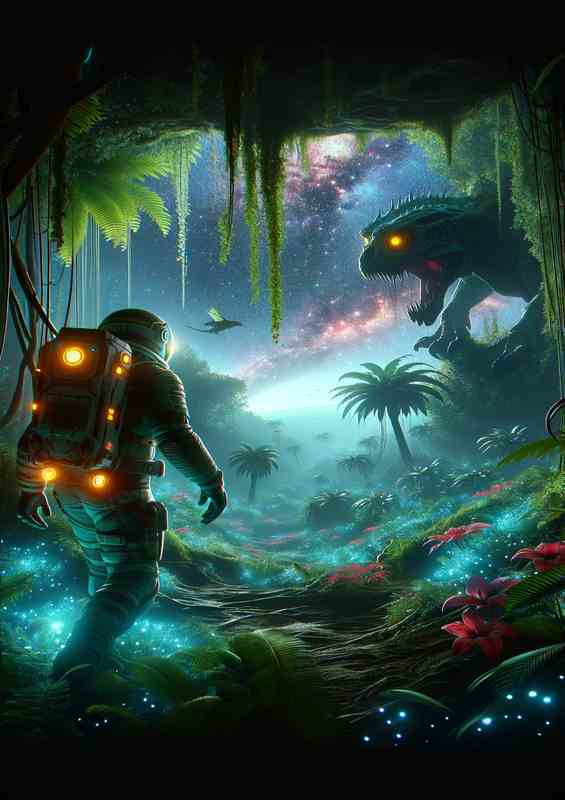 Cinematic Scene of a Space Explorer in an Alien Jungle