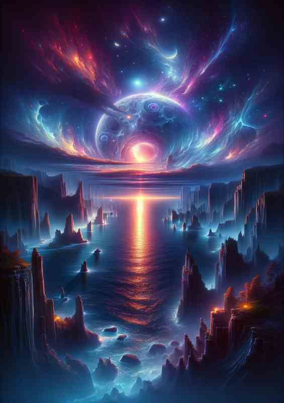 Mystical Twilight Cliffs Celestial Ocean And moons