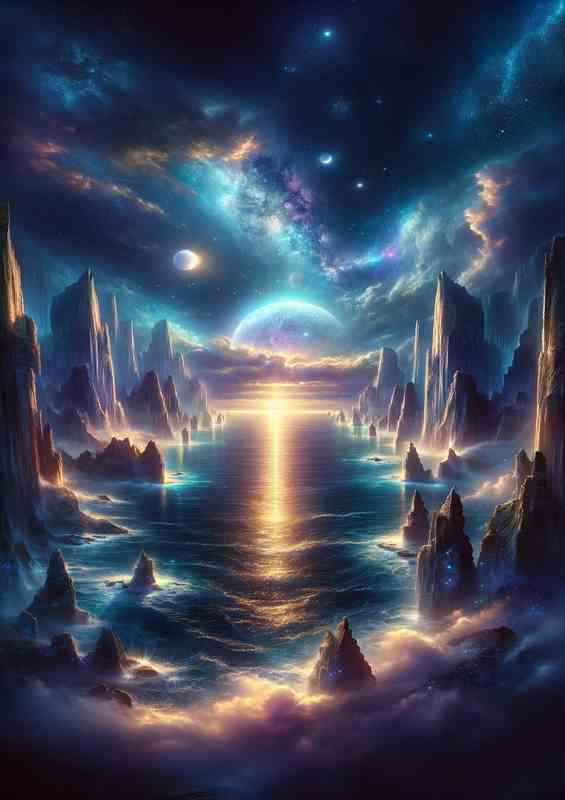 Mystical Twilight Cliffs Celestial Ocean Panorama