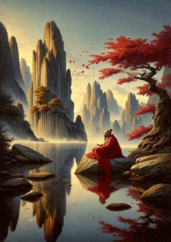 Serene Monk Ancient Chinese Wisdom Art along the river