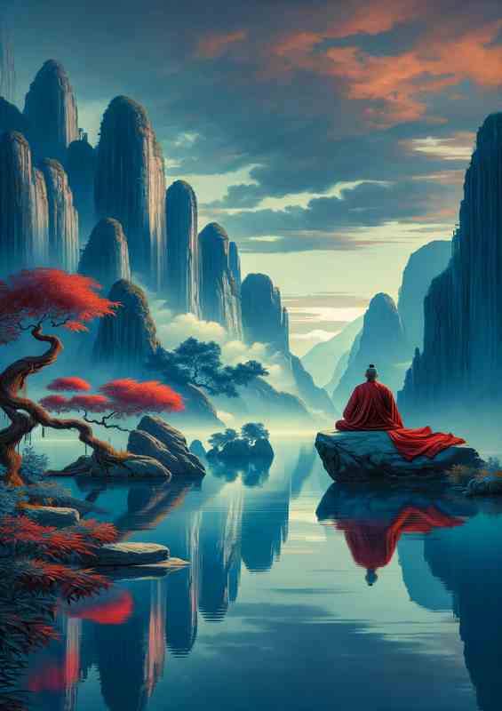 Serene Monk Ancient Chinese Wisdom Art trees river