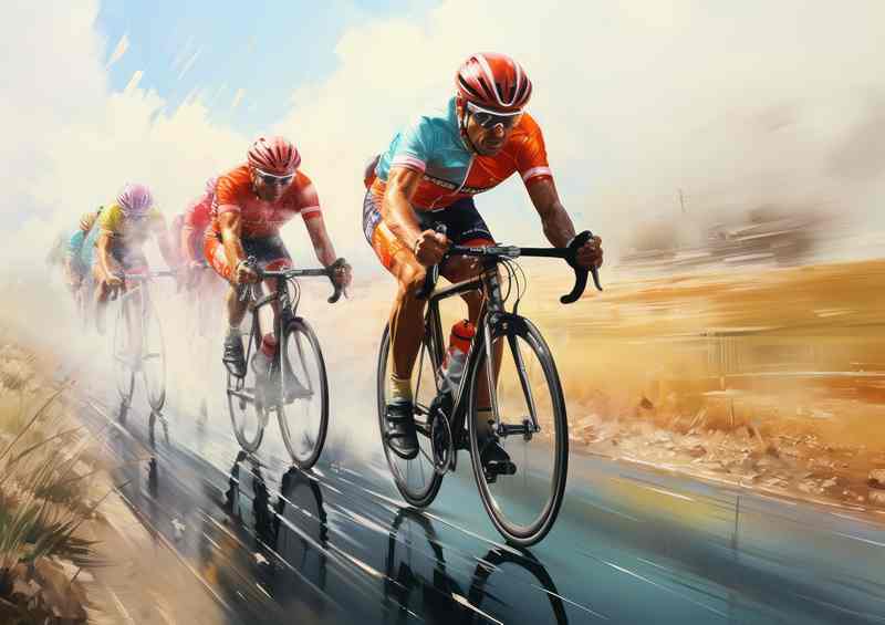 The cyclists racing in a blurred field