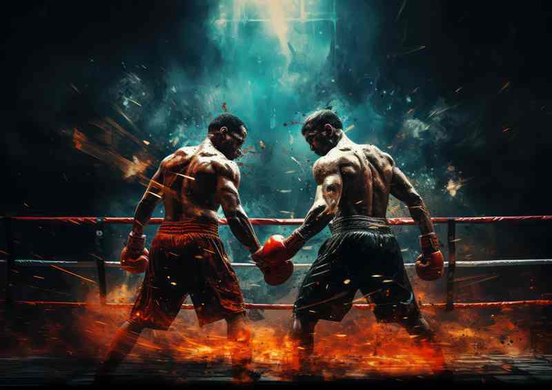 Two boxers on the ring in the middle of a boxing ring