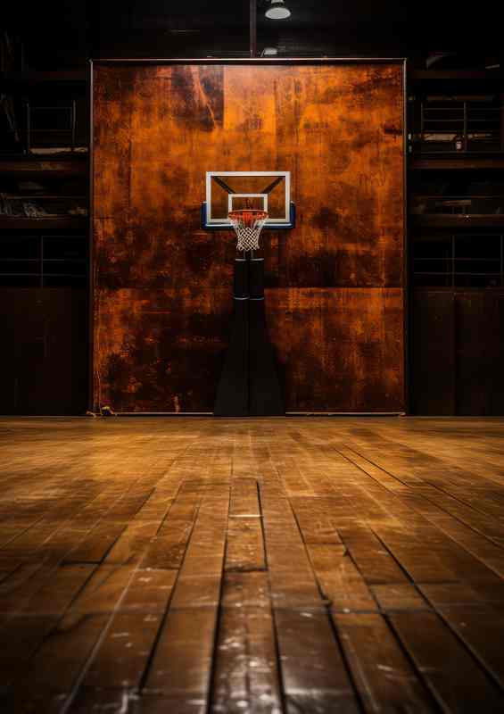 Basketball is standing on an empty basketball court