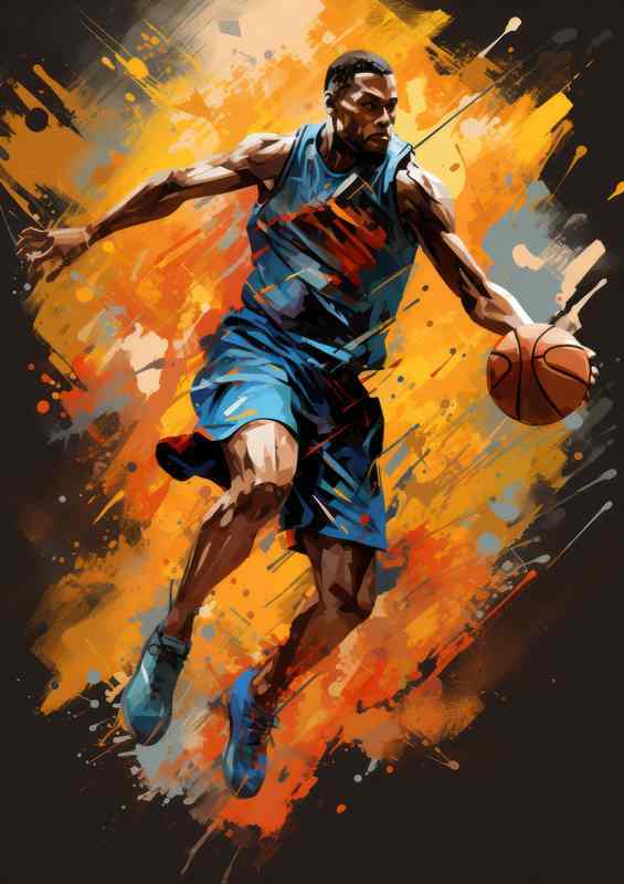 Basketball palyer rumping for the hoop splash art style