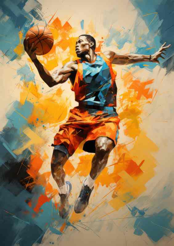Basketball player doing an intricate_jump in color