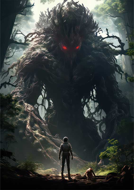 Monster in the forest surrounded by the trees