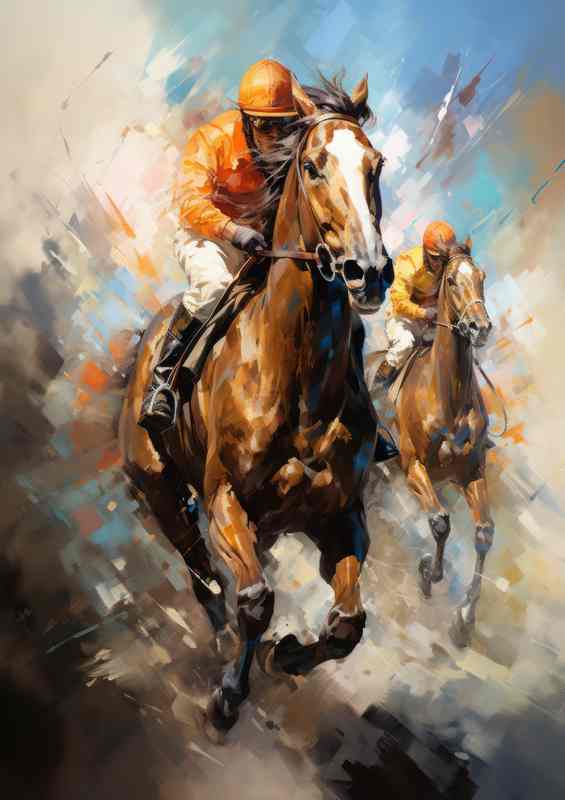 Horses racing in a race track painted art style