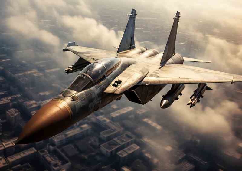 Fighter Jet Above the sky and buildings