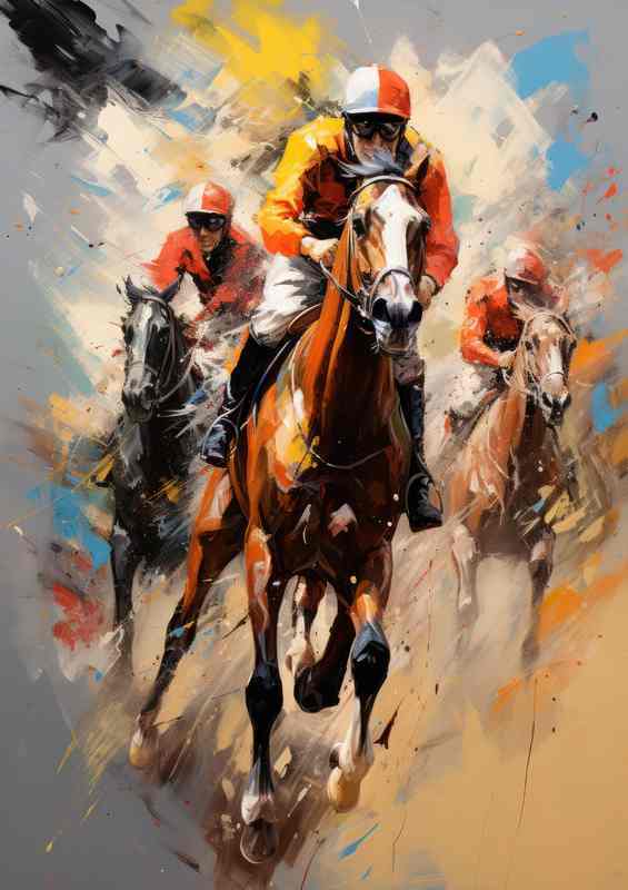 Jockeys on horses of race track winning painted style