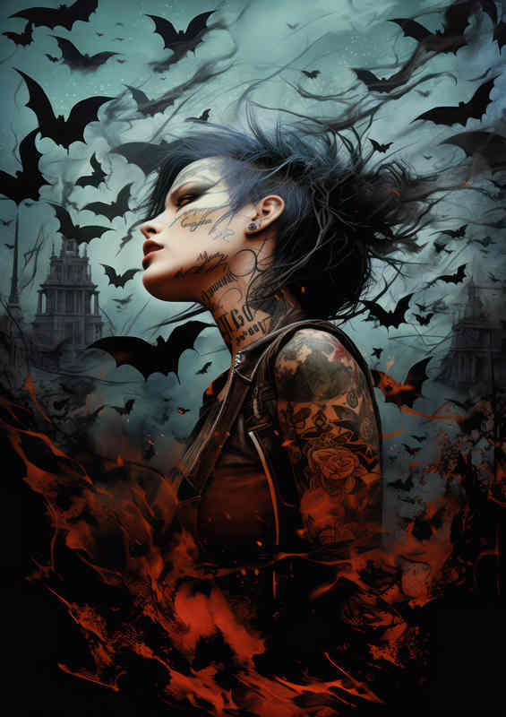 Bats in the air with a tattood lady
