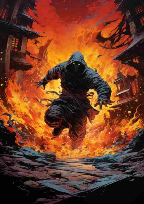 Ninja jumping through fire