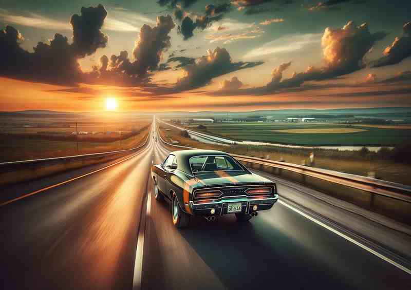 Vintage Muscle Car Cruising on Highway at Sunset
