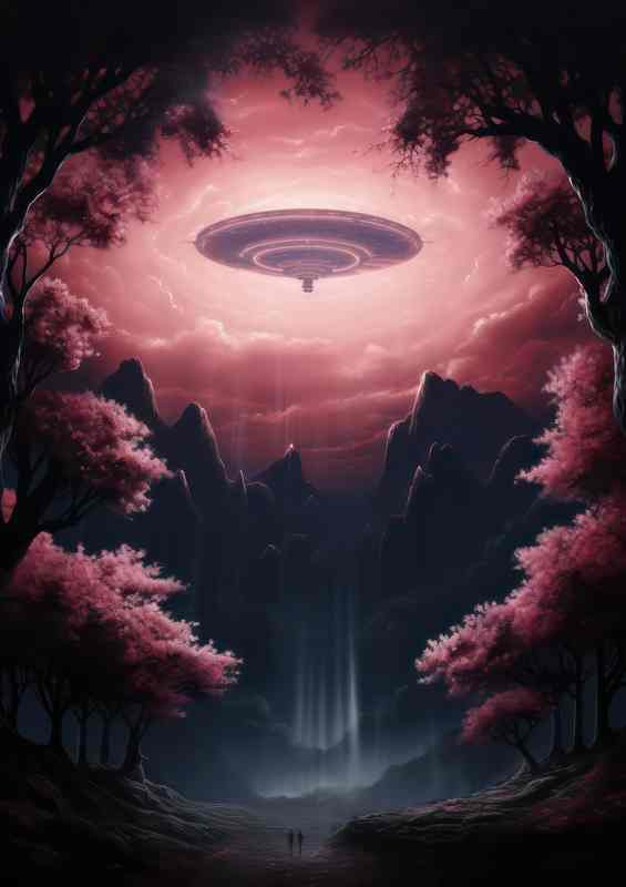A pink ufo flying over the mountains