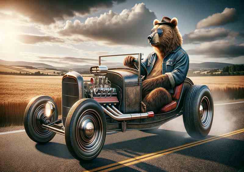 Bear Driving an American Hot Rod