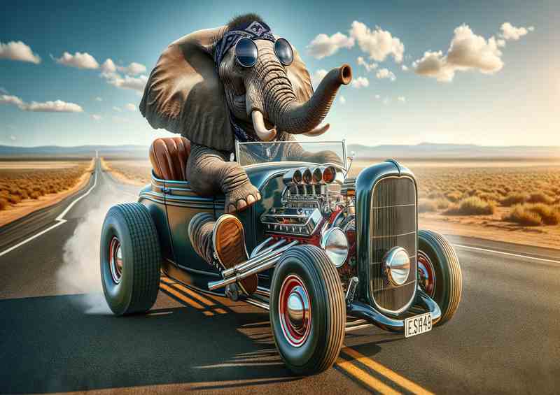 Elephant Driving an American Hot Rod