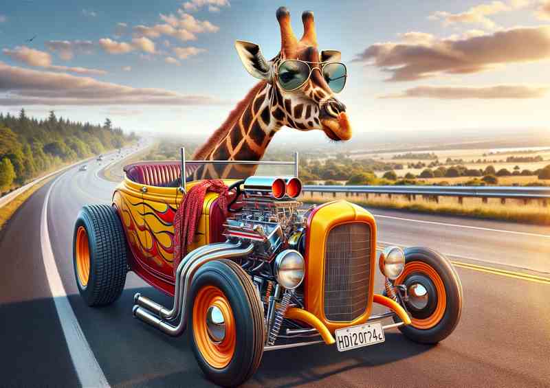 Giraffe Driving an American Hot Rod