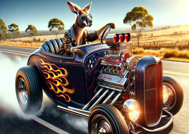 Kangaroo Driving an American Hot Rod