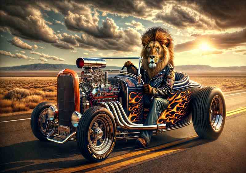 Lion Driving an American Hot Rod