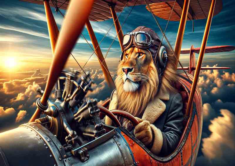 Lion Piloting a Bi Plane with Spinning Propeller