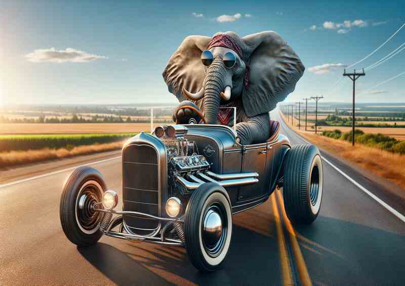 Solo Elephant Driving an American Hot Rod
