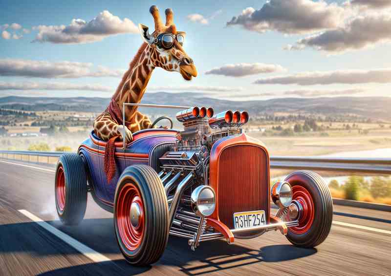 Solo Giraffe Driving an American Hot Rod